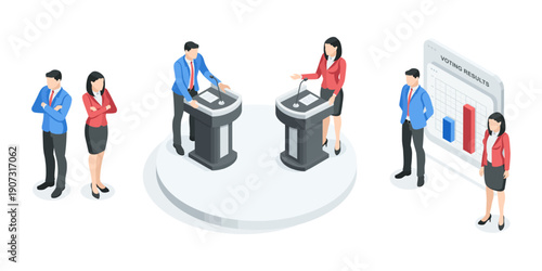 Isometric vector people in business suits competing against each other in elections, in color on a white background, candidates in elections as well as debates and voting results
