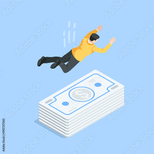 Isometric vector businessman falling on a stack of money, in color on a blue background, financial cushion or salvation