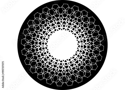 Round black vector pattern of abstract honeycombs on white background. Modern design element. Abstract Vector background. Place for text. Frame. Label, sticker. mandala, sun, disk