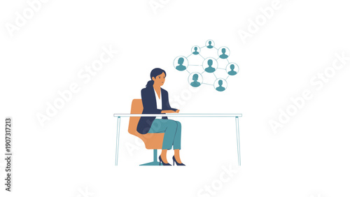 Businesswoman Sitting at Desk with Network Connections