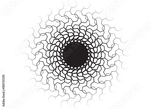 Round vector pattern of abstract honeycombs from black thin lines. Modern design element. Abstract Vector background. Place for text. Frame. Label, sticker. mandala, sun, flower