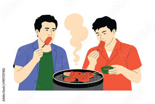 Two men enjoying a meal of grilled meat at a table with a hot plate