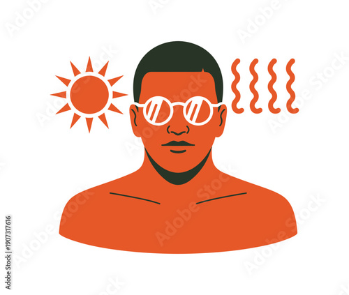 A cartoon man wearing sunglasses and experiencing heat from the sun