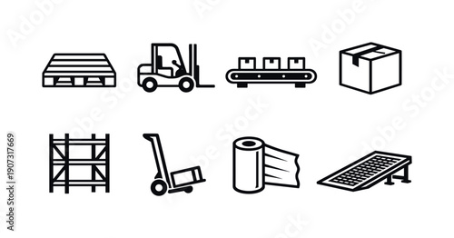 Warehouse distribution equipment in linear style: pallet, forklift, conveyor belt, cardboard box, shelving unit, hand truck, shrink wrap roll, loading dock ramp
