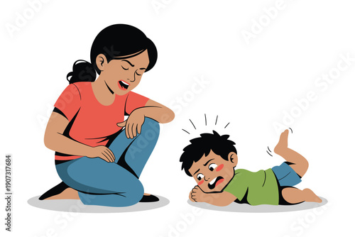 A cartoon illustration of a woman laughing and a young boy having a temper tantrum on the floor.