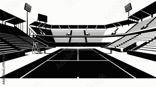 empty tennis court outdoor stadium sports arena with professional competition training infrastructure architecture surface net and line markings prepared for tournament match without audience