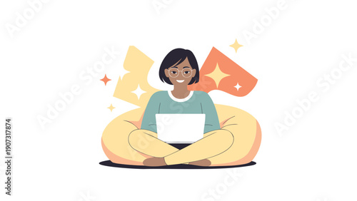 Smiling Dark-Skinned Woman Sitting on Beanbag with Laptop