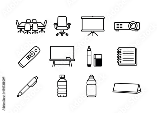 Office Consultation Tools. Client advisory and consultation tools in linear style: conference table, office chair, presentation screen, projector, pointer