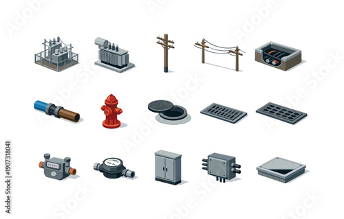 Urban infrastructure utilities and services in simple isometric flat vector style: power substation, transformer, utility pole, overhead cable, underground