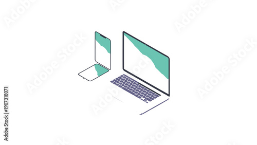 Laptop and Tablet with Green Screen on White Background