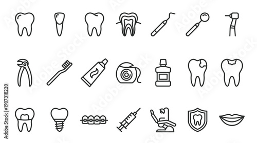 Comprehensive dental care icons set: teeth, toothbrush, floss, mouthwash, syringe, dental tools, and shield for oral hygiene and protection