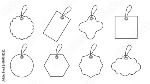 Collection of eight minimalist line art icons depicting various tags and labels for organization, identification, and categorization purposes in design projects.