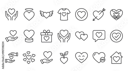 Collection of minimalist love and heart-themed icons and symbols for Valentine's Day, romance, relationships, and affectionate designs