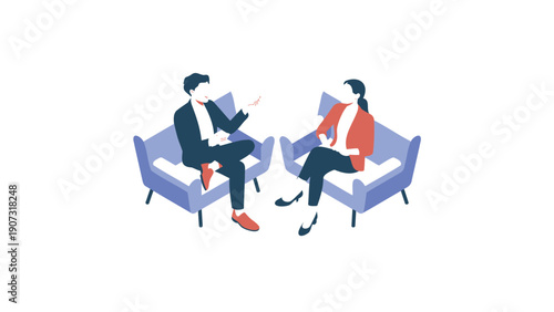 Businessman and Businesswoman Talking on Chairs in Office