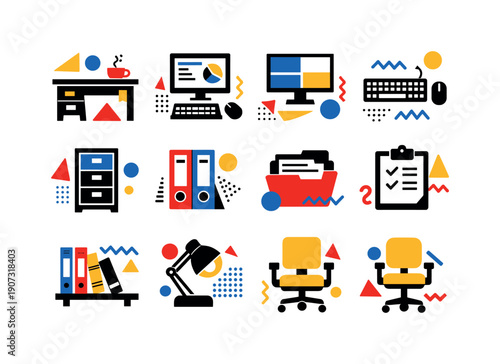 Business alignment operations and project management assets in abstract flat style: office desk, desktop computer, monitor, keyboard, mouse, filing cabinet