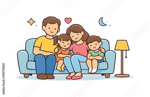 Peaceful family evening focused on shared rest and emotional closeness at the end of the day, a sofa with family members sitting together and a small floor lamp
