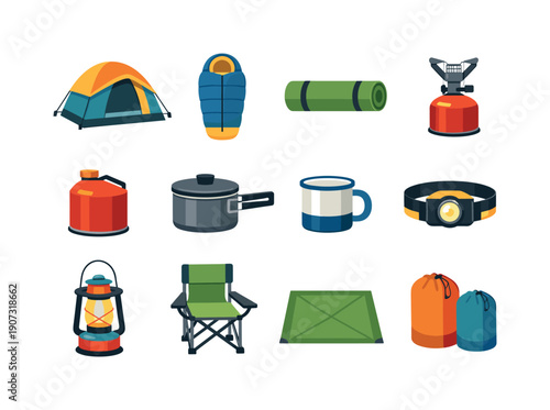 Mountain camping equipment in flat style: camping tent, sleeping bag, sleeping mat, camping stove, fuel canister, cooking pot, enamel mug, headlamp, lantern