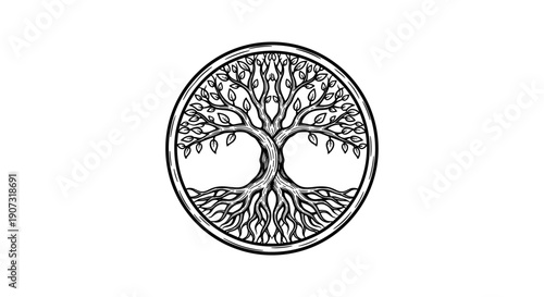 Circular Tree of Life Symbol with Roots and Branches.