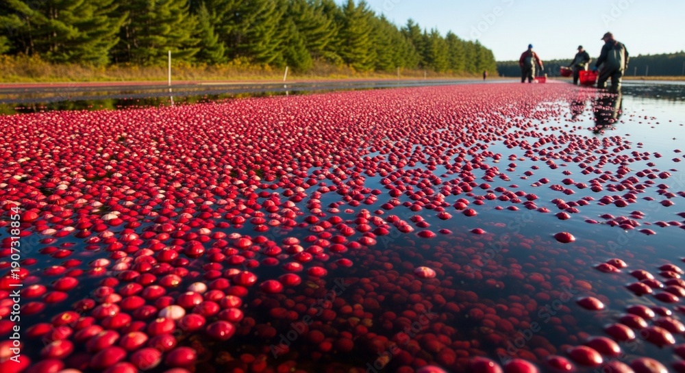 Fototapeta premium A flooded cranberry bog filled with floating red berries during the harvest, with workers in the background