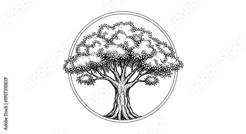 Detailed hand-drawn illustration of a mature tree within a circular frame.