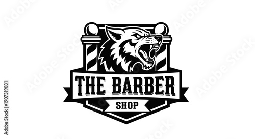 Monochrome Barber Shop Logo with Aggressive Wolf Head and Classic Barber Pole Design.