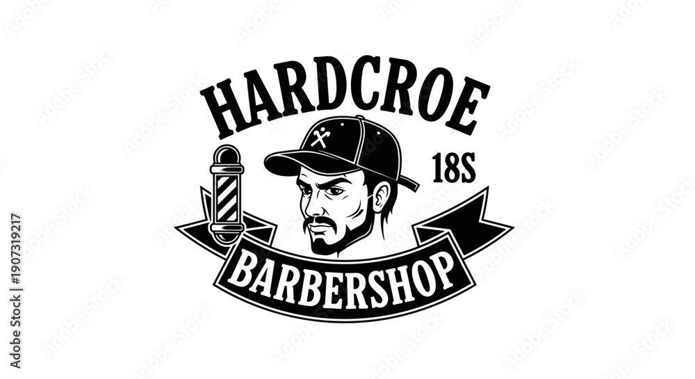 Obraz premium Vintage Barbershop Logo with Man in Cap and Barber Pole.