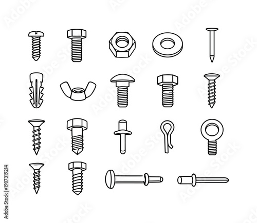Hardware Fasteners Icons. Hardware fasteners set: screw, bolt, nut, washer, nail, anchor plug, wing nut, carriage bolt, hex bolt, wood screw, drywall screw, lag