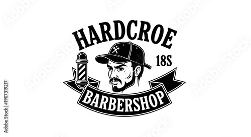 Vintage Barbershop Logo with Man in Cap and Barber Pole.