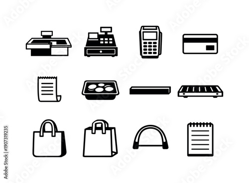 Checkout and carry items in linear style: checkout counter, cash register, payment terminal, credit card, receipt slip, coin tray, divider bar, conveyor belt