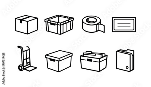 Relocation Essentials Icons. Corporate relocation equipment in linear style: cardboard box, moving crate, packing tape roll, label sticker, hand truck, storage