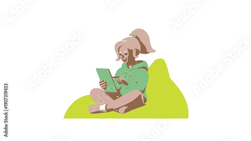 Woman Reading Tablet on Yellow Hill