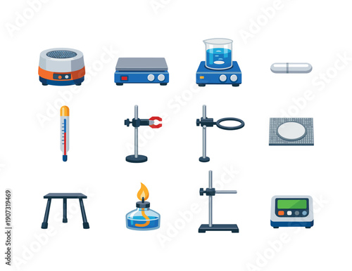 Chemical experiment setup tools in flat style: heating mantle, hot plate, magnetic stirrer, stir bar, thermometer, clamp stand, ring clamp, wire gauze, tripod