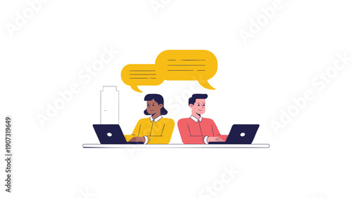 Two Colleagues Discussing on Laptops in Office