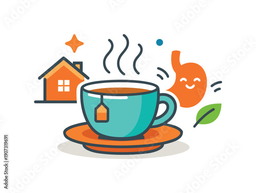 Everyday comfort and digestive ease during normal daily routines at home, a teacup paired with gentle steam lines symbolizing soothing drinks and body balance