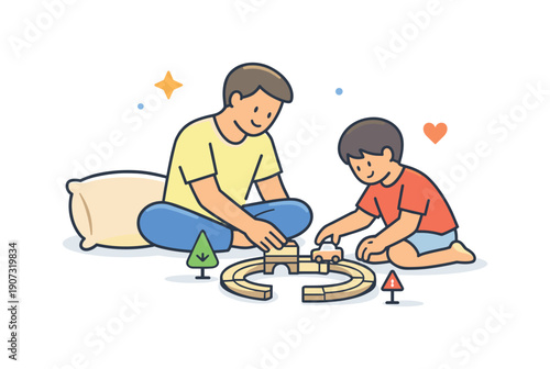 Quiet family afternoon at home focused on shared presence and gentle everyday closeness, a parent and child sitting on the floor building a small road from