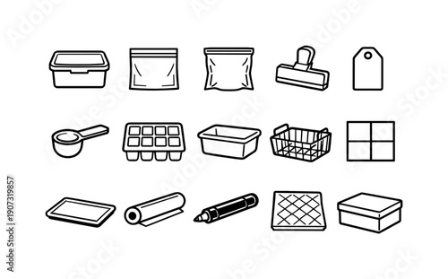 Home freezer smoothie prep items: freezer container, freezer bag, vacuum bag, clip seal, label tag, measuring scoop, ice cube tray, storage bin, freezer basket