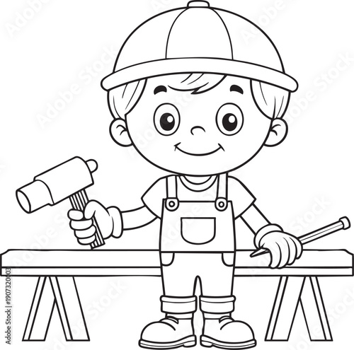 Cartoon boy carpenter overalls line art with hammer and pencil for kids workshop themed coloring book