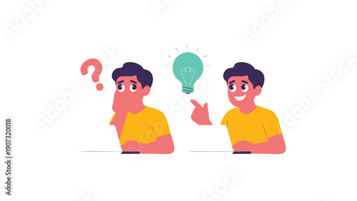 Confused Man Thinking and Inspired Man with Lightbulb