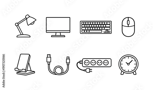 Office desk electronics: desk lamp, desktop monitor, keyboard, mouse, phone stand, charging cable, power strip, desk clock