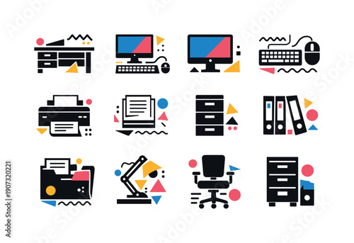 Campaign production and asset management items in abstract flat style: office desk, desktop computer, monitor, keyboard, mouse, printer, paper stack, filing