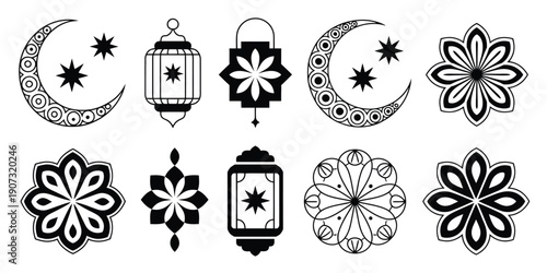 Islamic decorative ornament illustration set, black floral motifs, crescent moons, stars, and lantern symbols representing spiritual tradition,  religious celebration, and cultural design elements.