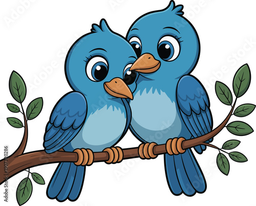 Cute lovebirds illustration, adorable cartoon blue birds cuddling on a tree branch, sweet romantic animal artwork for children’s designs, nursery decor, Valentine themes, stickers, and cheerful nature