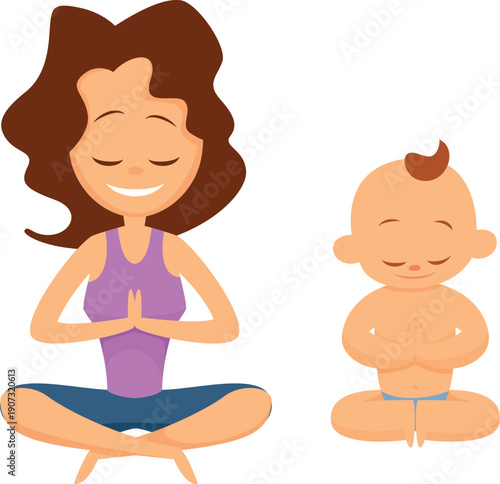 Baby and mother meditating together. Characters in yoga lotus pose