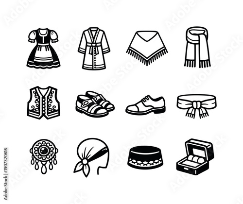 Traditional holiday attire and accessories in linear style: festive dress, traditional robe, shawl, scarf, embroidered vest, leather sandal, dress shoe, belt