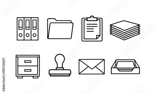 Government documentation and records in linear style: binder, document folder, clipboard, paper stack, filing cabinet, stamp, envelope, paper tray
