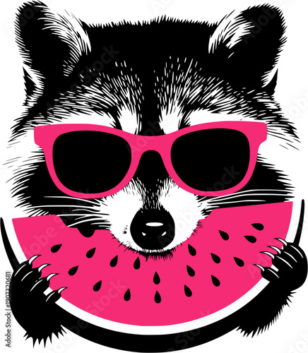 A cute raccoon with sunglasses eats watermelon expressing summer fun humor freshness and playful animal joy in a colorful modern illustration style.
