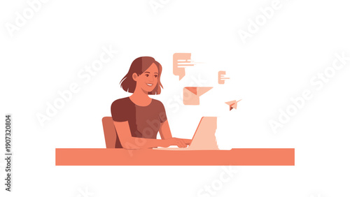 Woman Typing on Laptop with Speech Bubbles on Desk