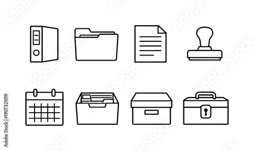 Operations compliance materials linear style: binder, document folder, paper sheet, stamp, calendar, filing box, archive box, lockbox