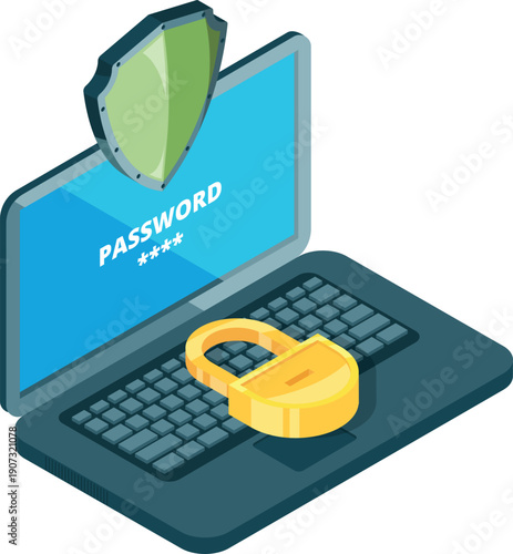 Cyber security icon. Isometric laptop with green shield