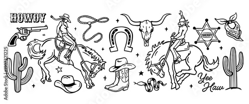 Western vector illustration set with cowboys on horseback, lasso, revolver, sheriff badge, skull, cactus, boots and vintage typography in bold hand drawn line art style.